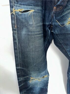 Naked & Famous Raw Denim Distressed Blue Slim Straight Jeans - Turmeric